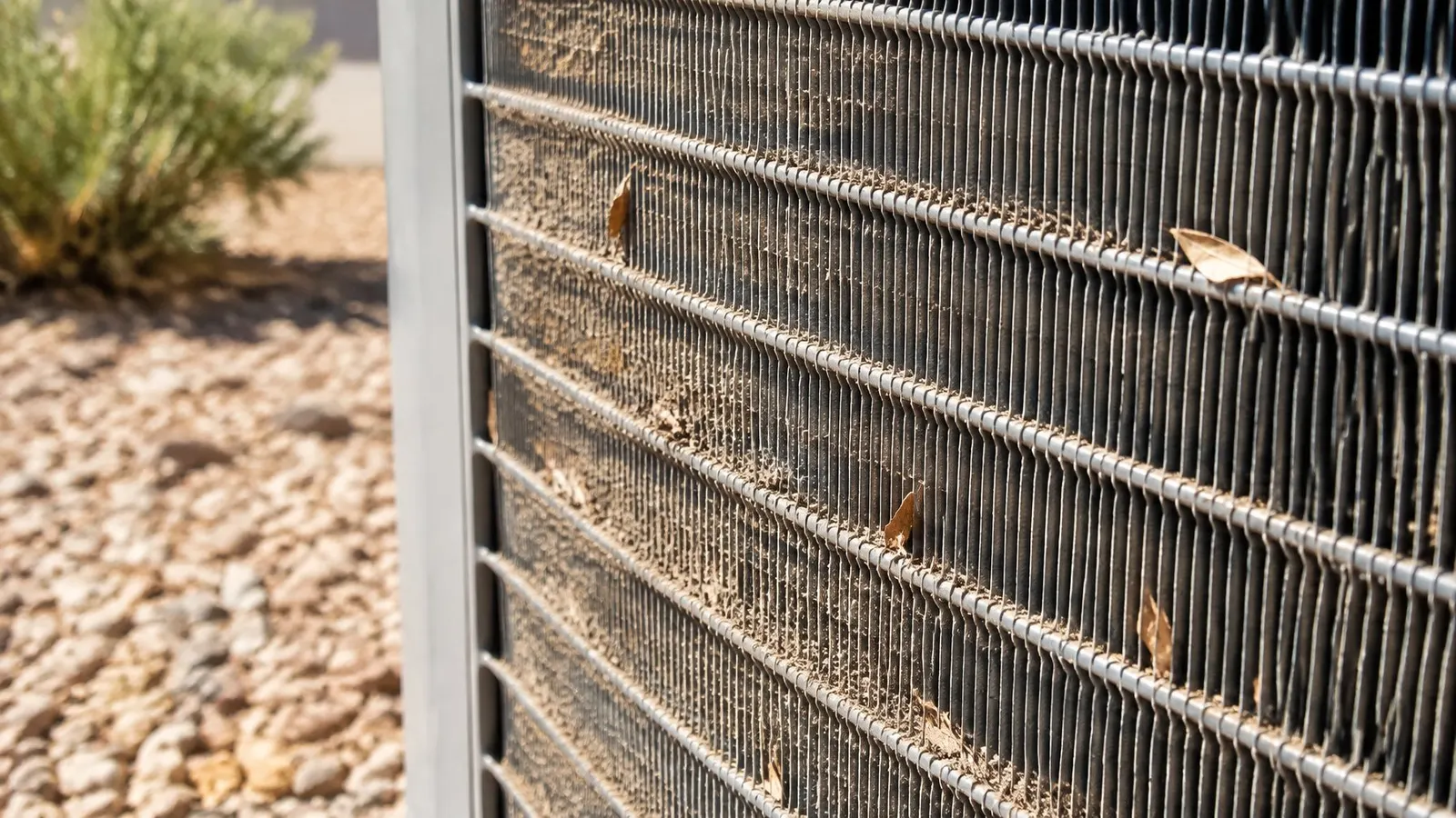 Close-up of a dusty outdoor AC condenser coil beside desert gravel