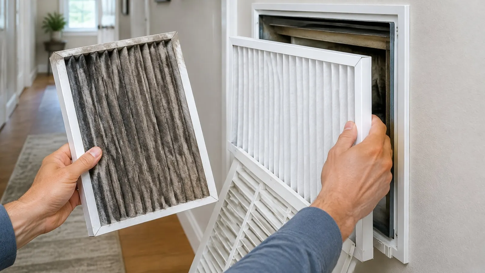 Hands swapping a dust-clogged air filter for a clean white pleated filter at a return grille