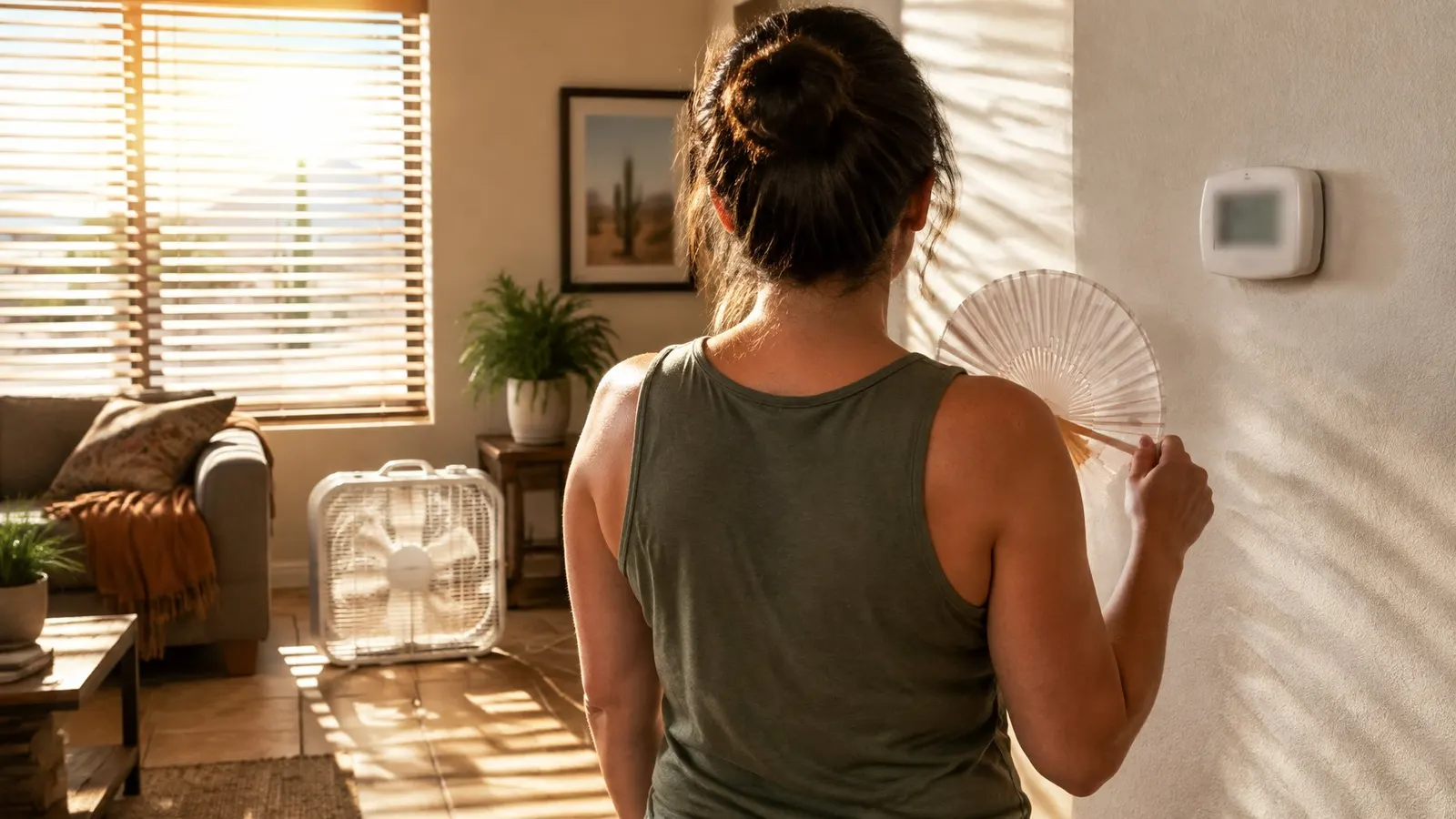 Person fanning themselves at a wall thermostat in a hot, sunlit living room with a box fan running