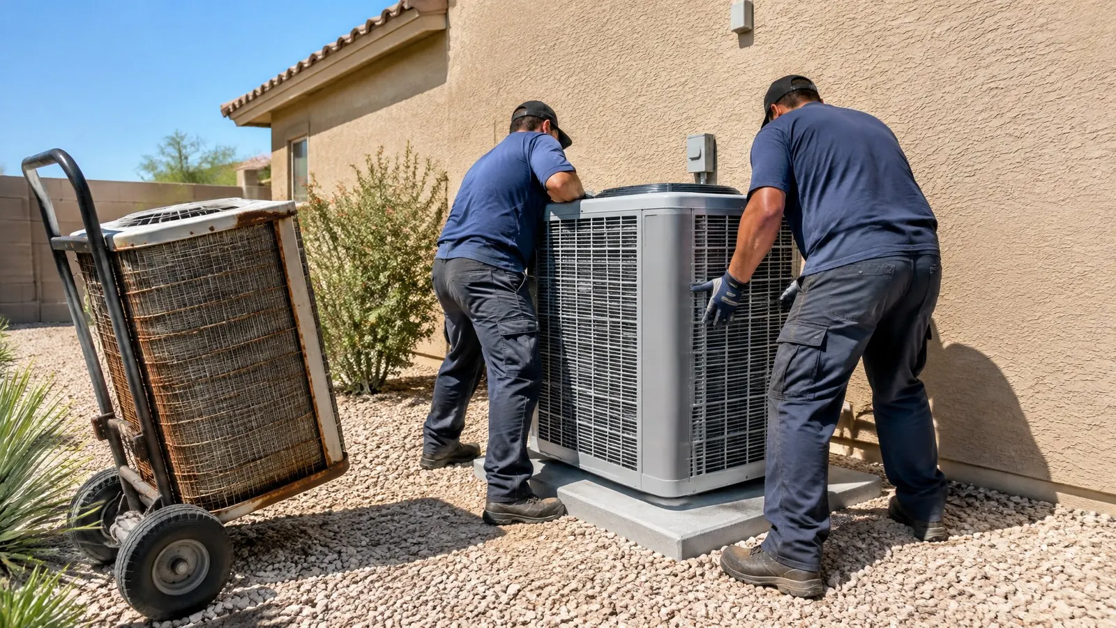 Two installers setting a new outdoor AC unit on a concrete pad beside a stucco home, the old unit on a dolly