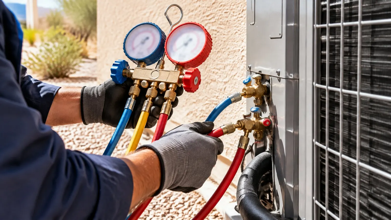 Technician's gloved hands connecting a refrigerant gauge set to an outdoor AC unit